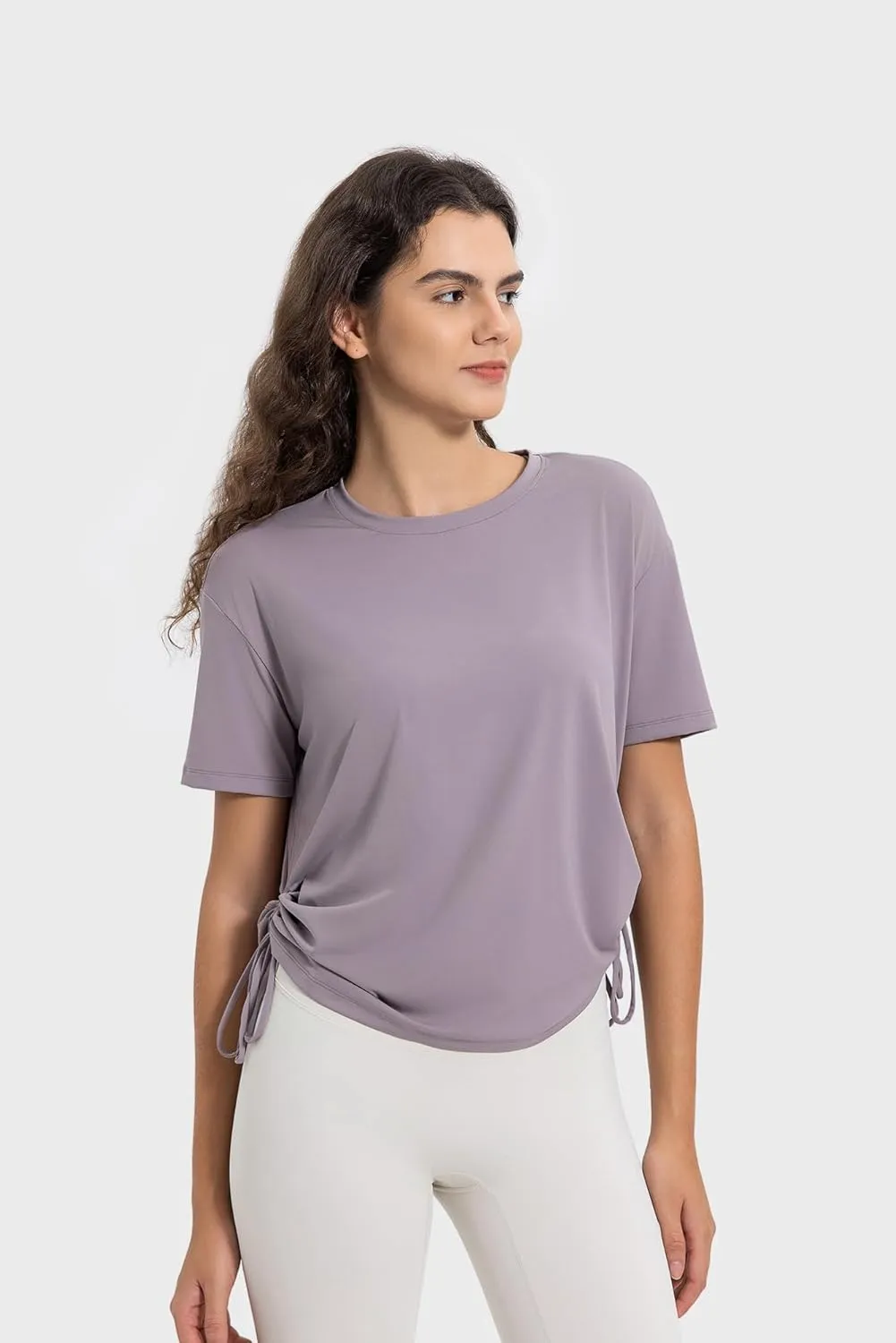 altiland Drawstring Side Ruched Workout T Shirt for Woman, Quick Dry Athletic Tee Yoga Exercise Running Tops Loose Fit