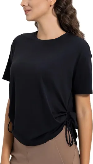 altiland Drawstring Side Ruched Workout T Shirt for Woman, Quick Dry Athletic Tee Yoga Exercise Running Tops Loose Fit