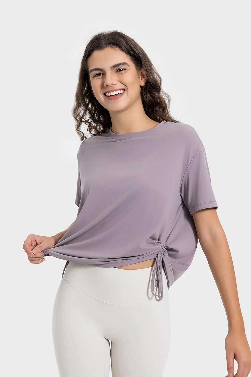 altiland Drawstring Side Ruched Workout T Shirt for Woman, Quick Dry Athletic Tee Yoga Exercise Running Tops Loose Fit