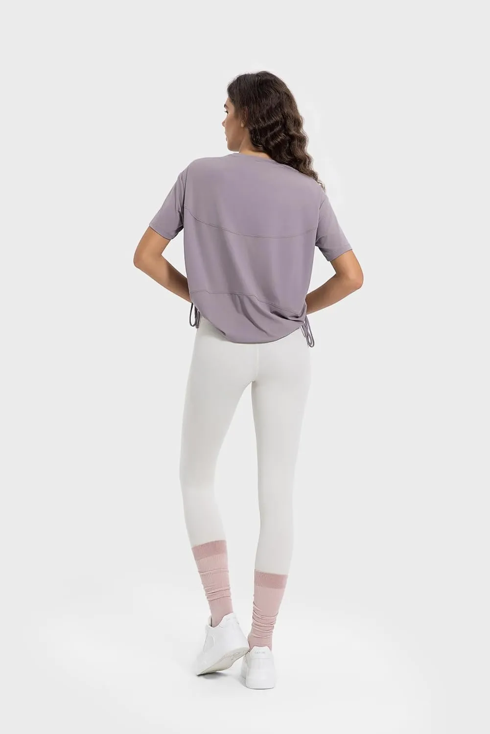 altiland Drawstring Side Ruched Workout T Shirt for Woman, Quick Dry Athletic Tee Yoga Exercise Running Tops Loose Fit