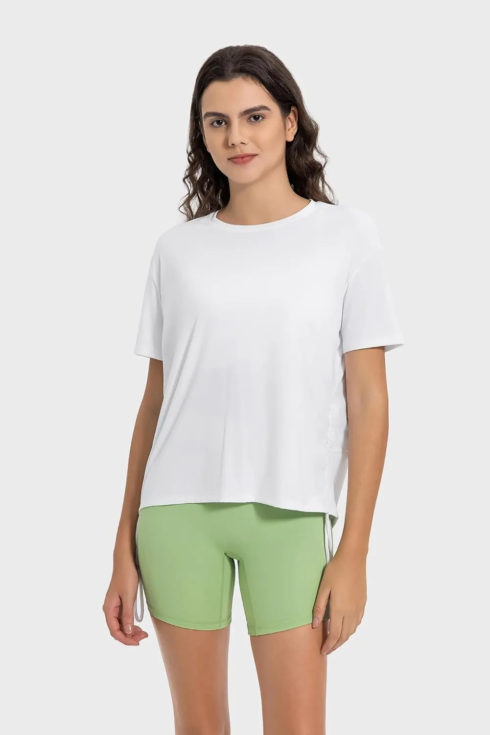 altiland Drawstring Side Ruched Workout T Shirt for Woman, Quick Dry Athletic Tee Yoga Exercise Running Tops Loose Fit