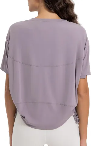 altiland Drawstring Side Ruched Workout T Shirt for Woman, Quick Dry Athletic Tee Yoga Exercise Running Tops Loose Fit