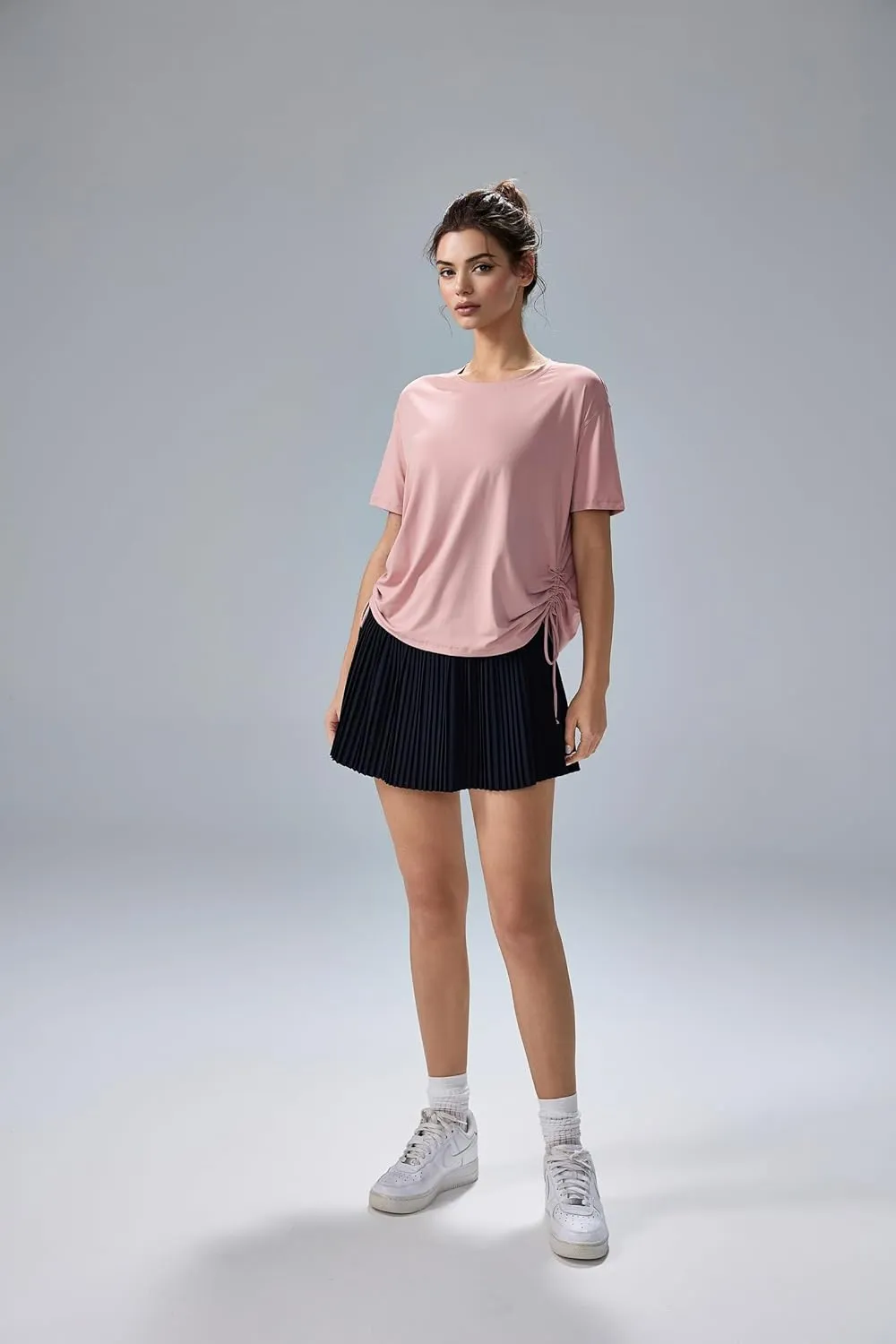 altiland Drawstring Side Ruched Workout T Shirt for Woman, Quick Dry Athletic Tee Yoga Exercise Running Tops Loose Fit