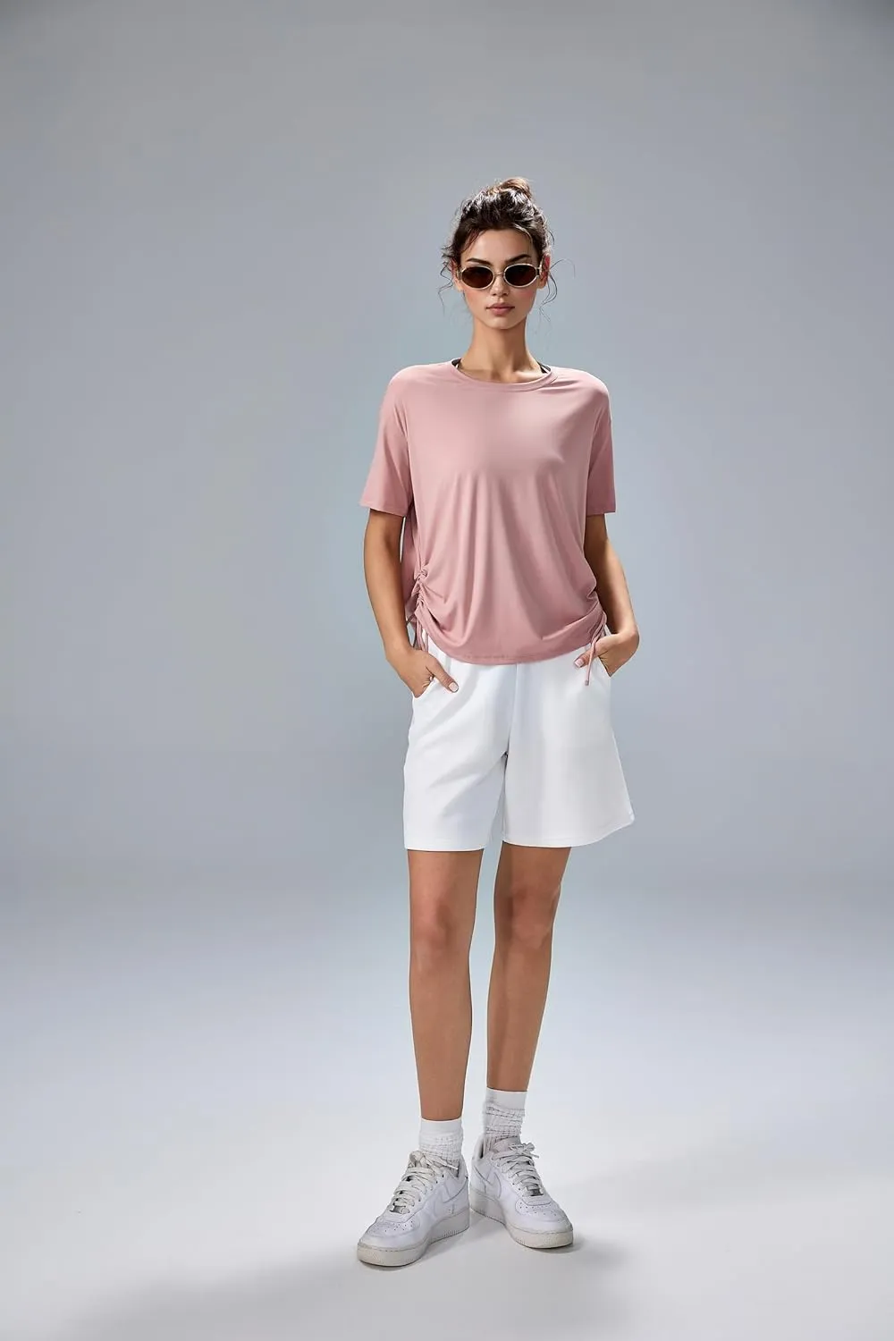 altiland Drawstring Side Ruched Workout T Shirt for Woman, Quick Dry Athletic Tee Yoga Exercise Running Tops Loose Fit