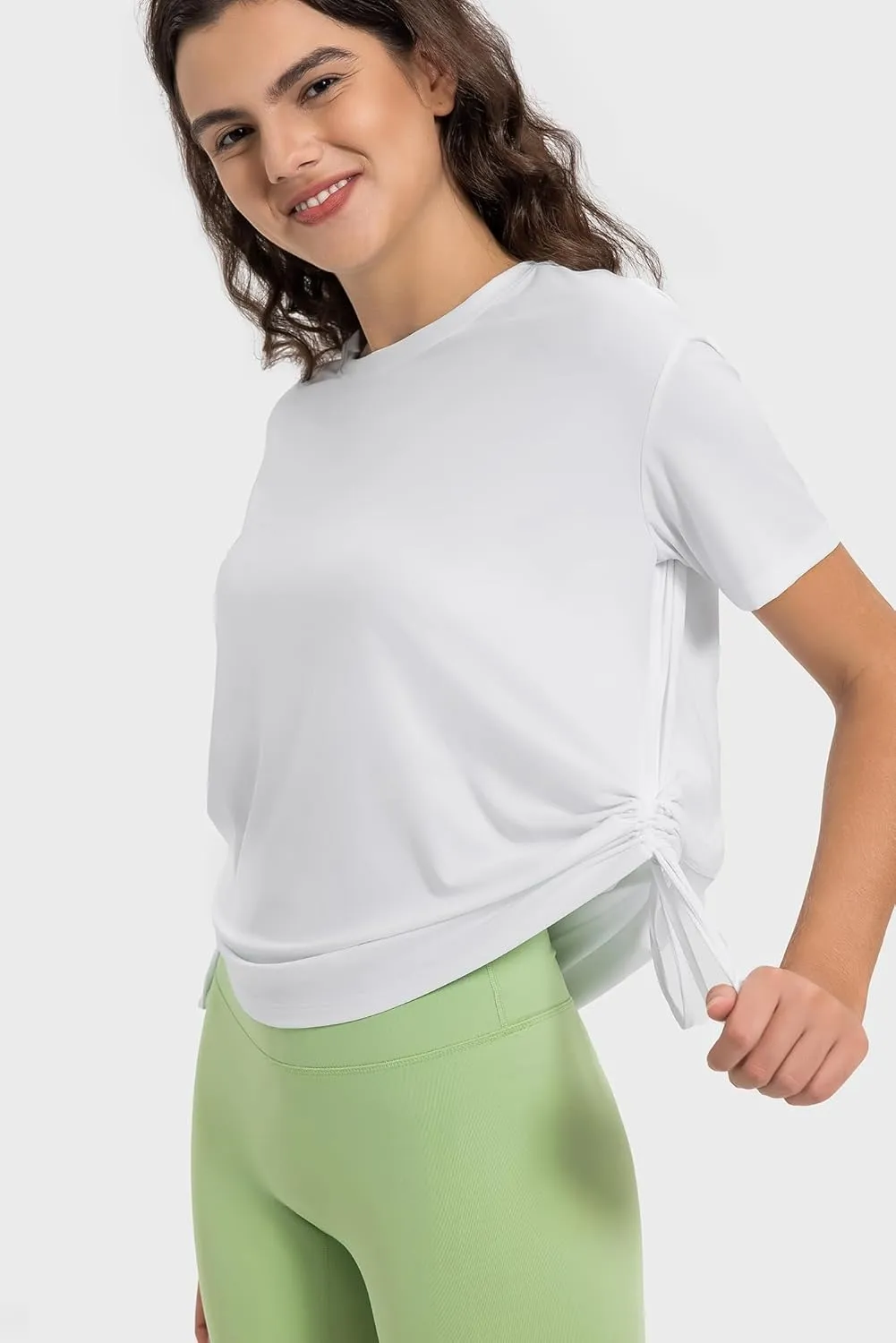 altiland Drawstring Side Ruched Workout T Shirt for Woman, Quick Dry Athletic Tee Yoga Exercise Running Tops Loose Fit