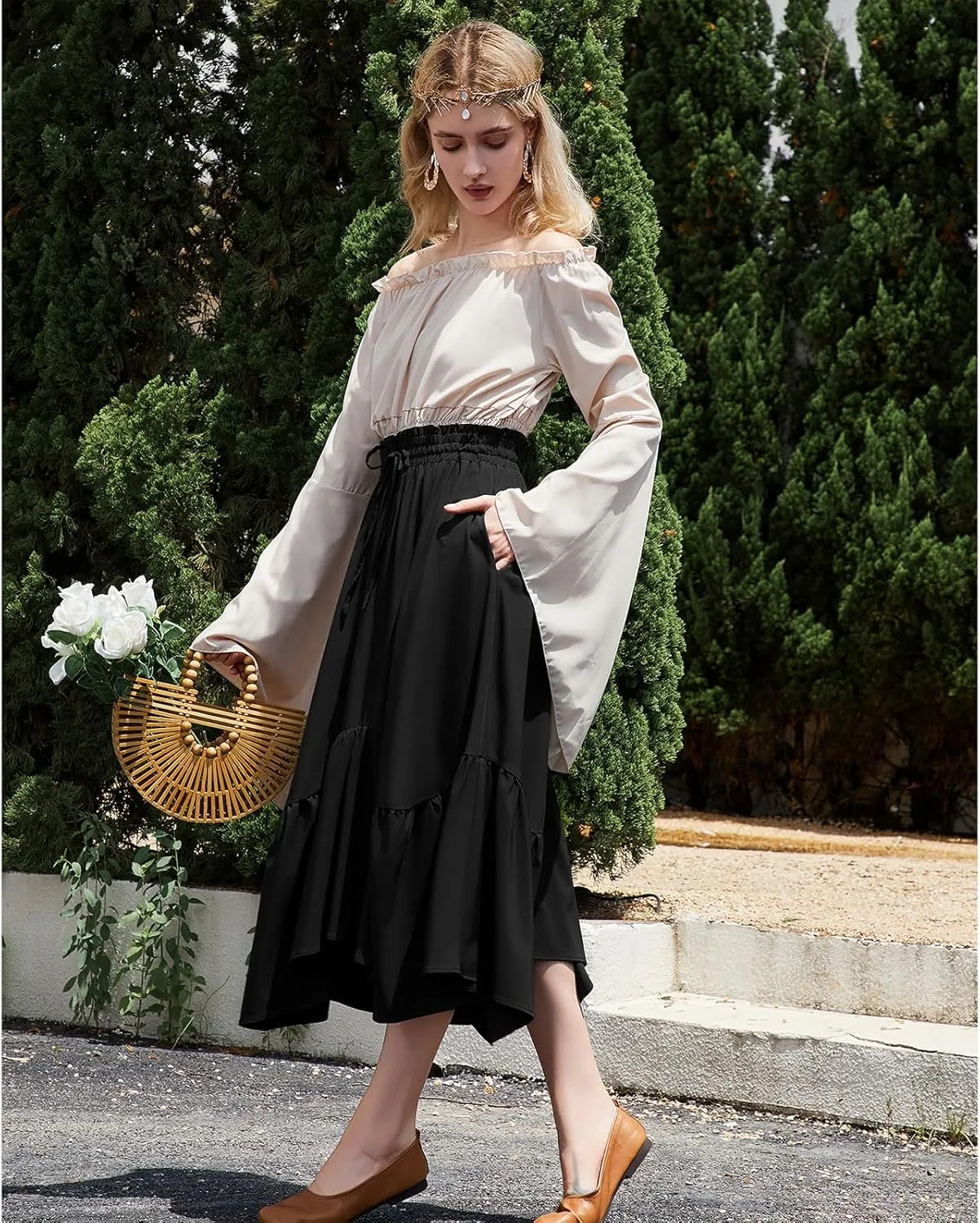 American Trends Maxi Skirts for Women Renaissance Skirt Medieval Womens Long Skirts Flowy Bohemian Pirate Skirts with Pockets