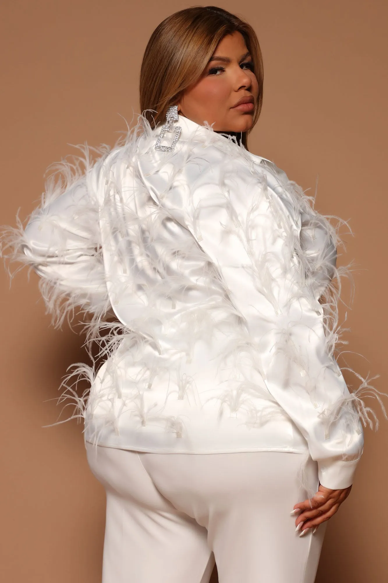 Angelina Feathered Button Front Top - White