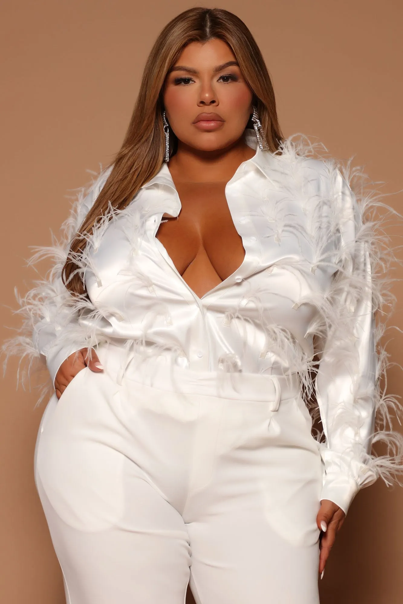 Angelina Feathered Button Front Top - White