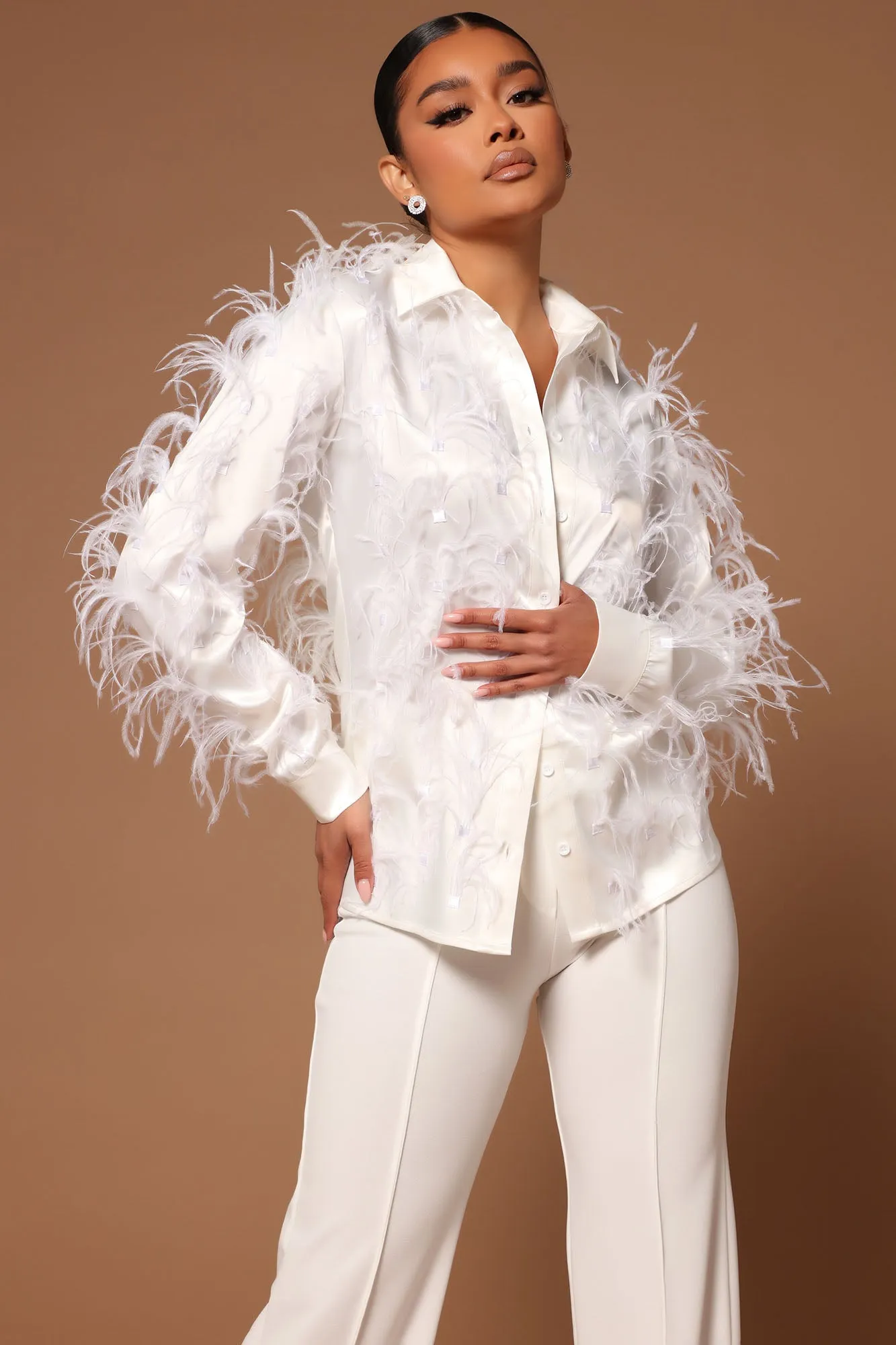 Angelina Feathered Button Front Top - White