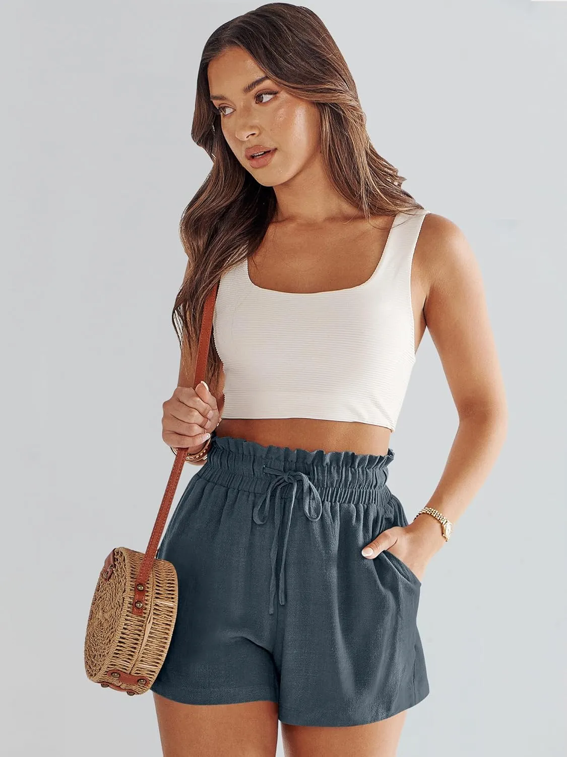 ANRABESS Linen Shorts for Women Summer Casual Wide Leg Loose High Waist Drawstring Dressy Beach Shorts 2025 Comfy Clothes