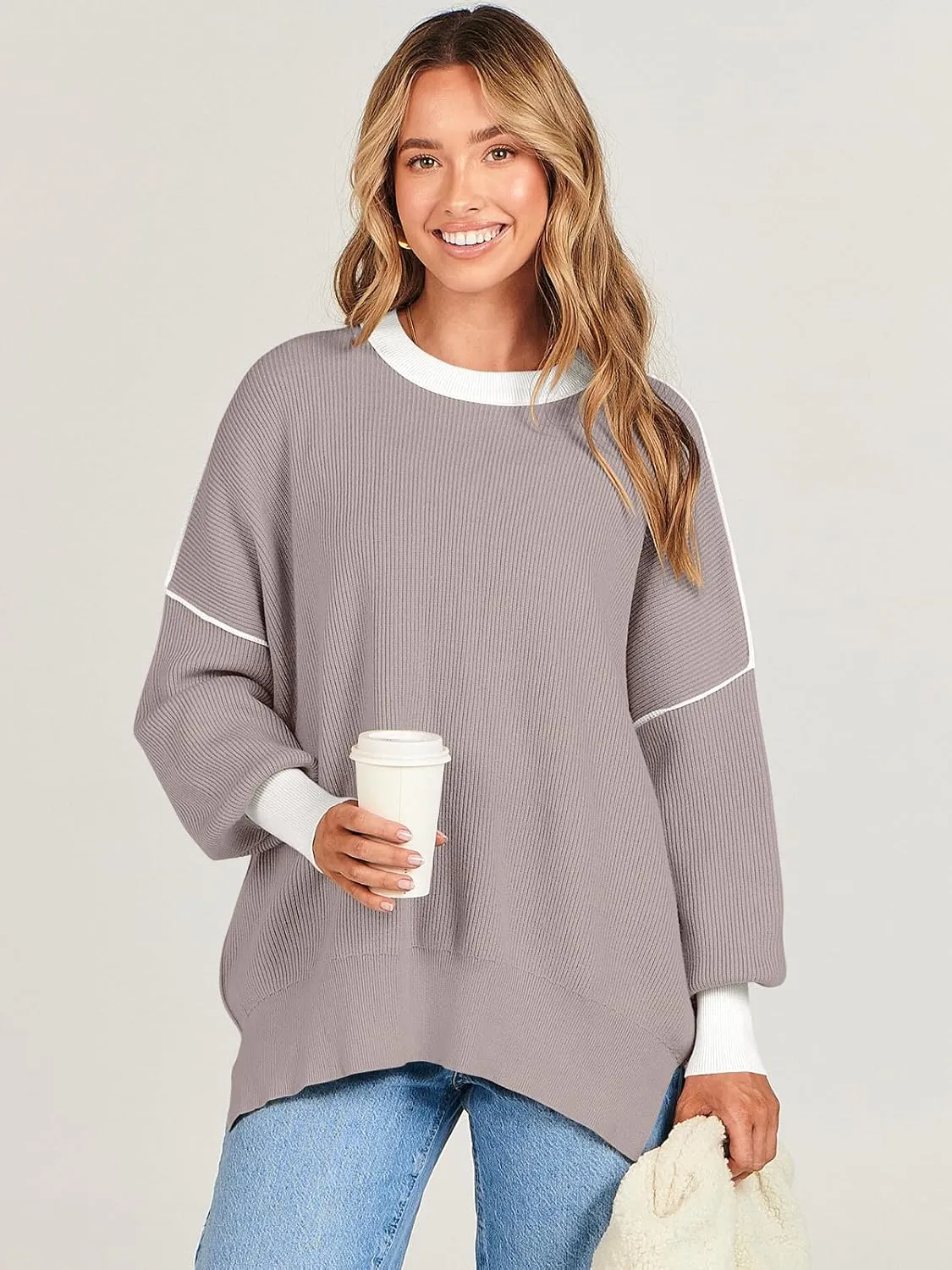 ANRABESS Womens Oversized Sweaters Fall 2024 Fashion Crewneck Batwing Long Sleeve Side Slit Knit Pullover Sweater Tops
