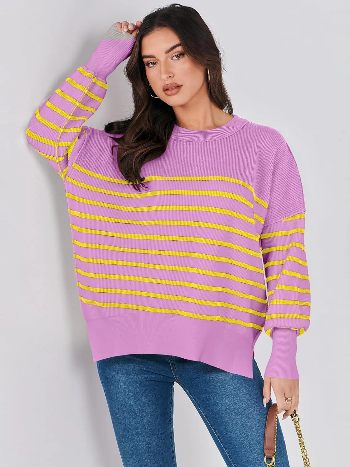 ANRABESS Womens Oversized Sweaters Fall 2024 Fashion Crewneck Batwing Long Sleeve Side Slit Knit Pullover Sweater Tops