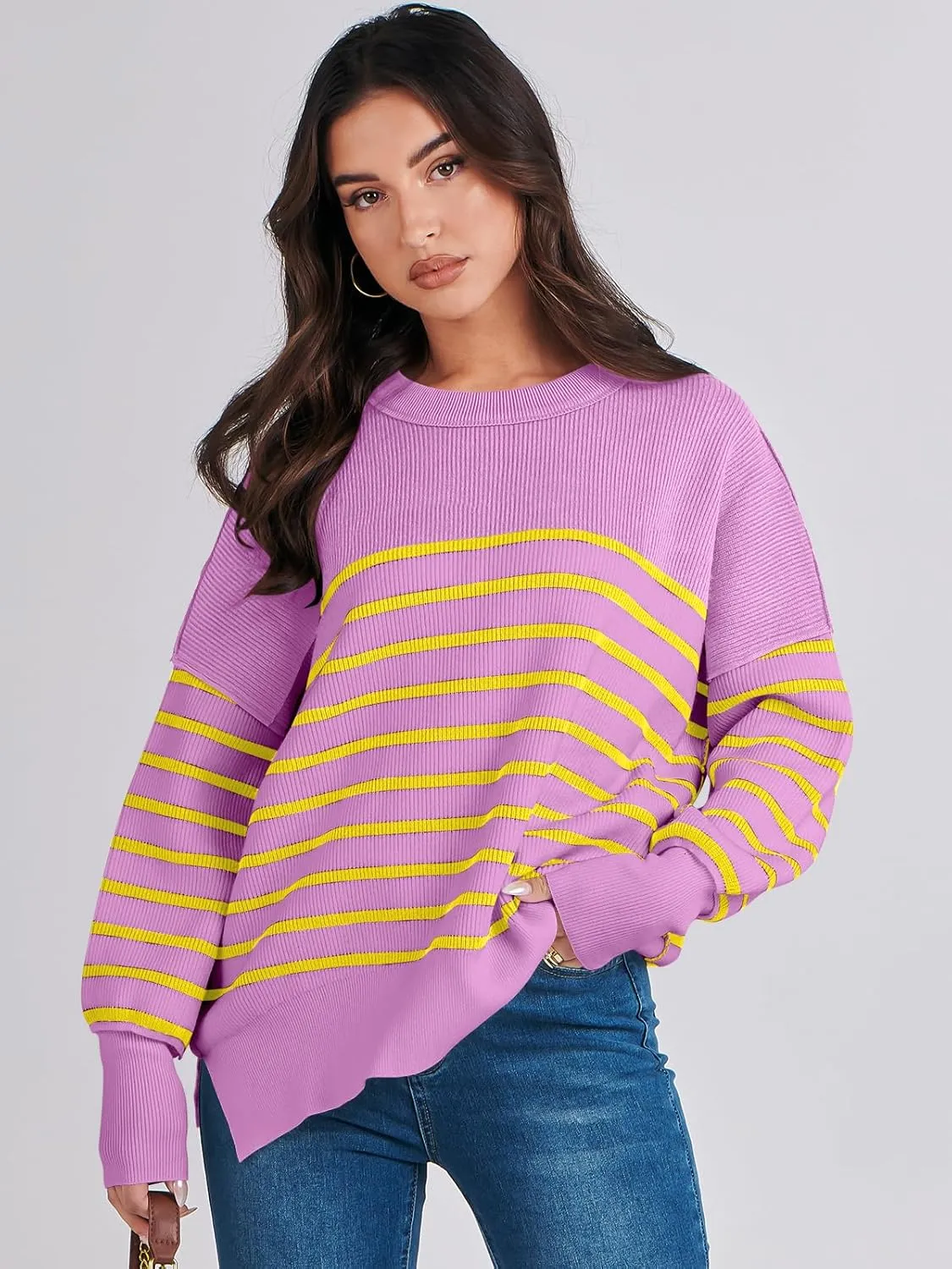 ANRABESS Womens Oversized Sweaters Fall 2024 Fashion Crewneck Batwing Long Sleeve Side Slit Knit Pullover Sweater Tops