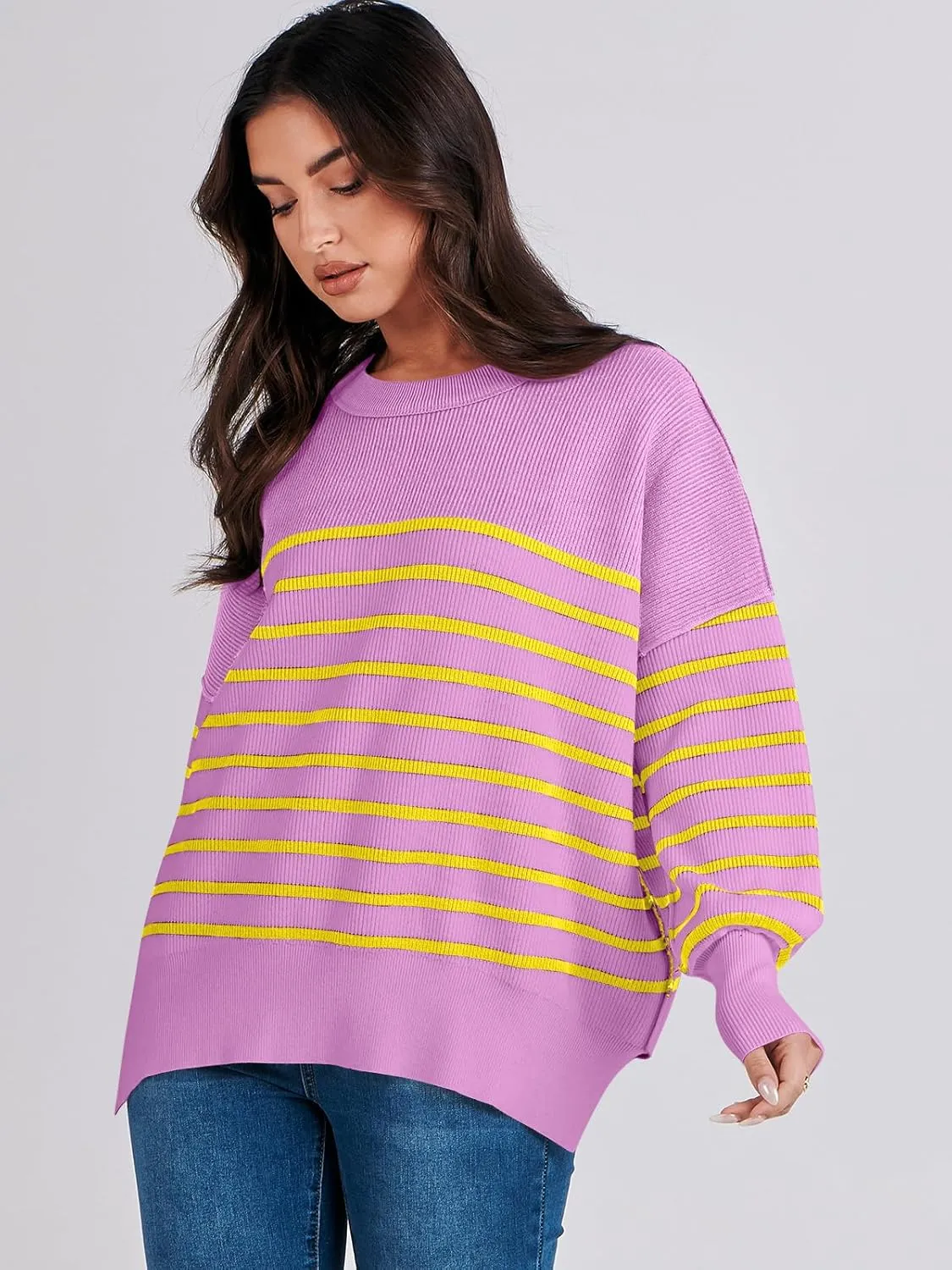 ANRABESS Womens Oversized Sweaters Fall 2024 Fashion Crewneck Batwing Long Sleeve Side Slit Knit Pullover Sweater Tops
