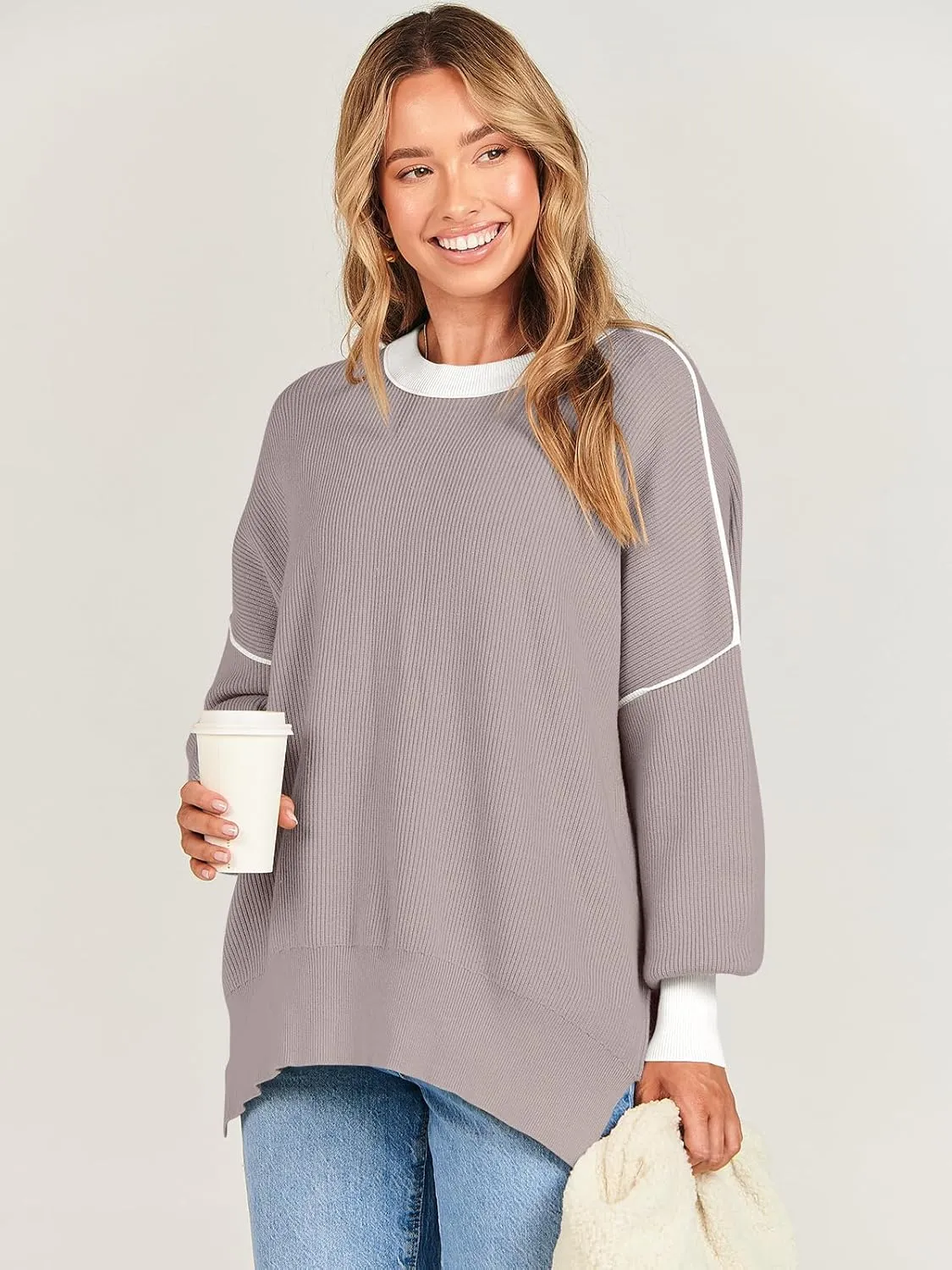 ANRABESS Womens Oversized Sweaters Fall 2024 Fashion Crewneck Batwing Long Sleeve Side Slit Knit Pullover Sweater Tops