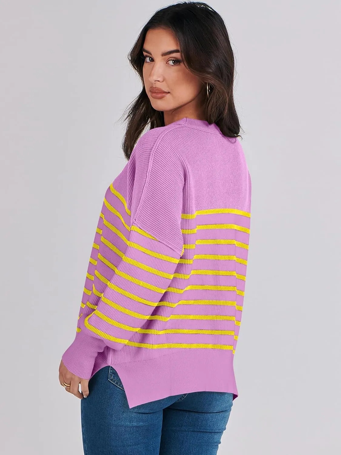 ANRABESS Womens Oversized Sweaters Fall 2024 Fashion Crewneck Batwing Long Sleeve Side Slit Knit Pullover Sweater Tops