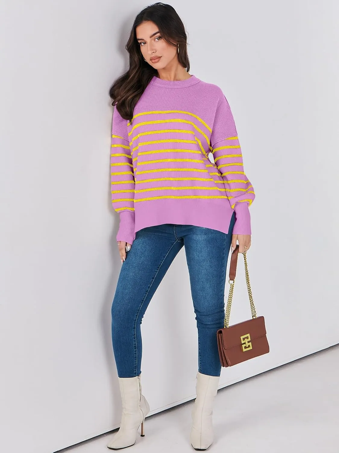 ANRABESS Womens Oversized Sweaters Fall 2024 Fashion Crewneck Batwing Long Sleeve Side Slit Knit Pullover Sweater Tops