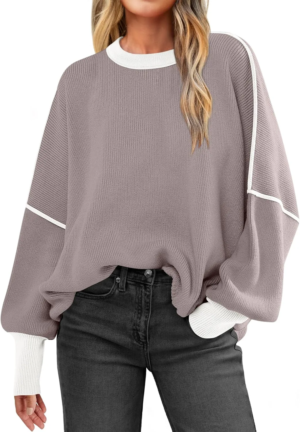 ANRABESS Womens Oversized Sweaters Fall 2024 Fashion Crewneck Batwing Long Sleeve Side Slit Knit Pullover Sweater Tops