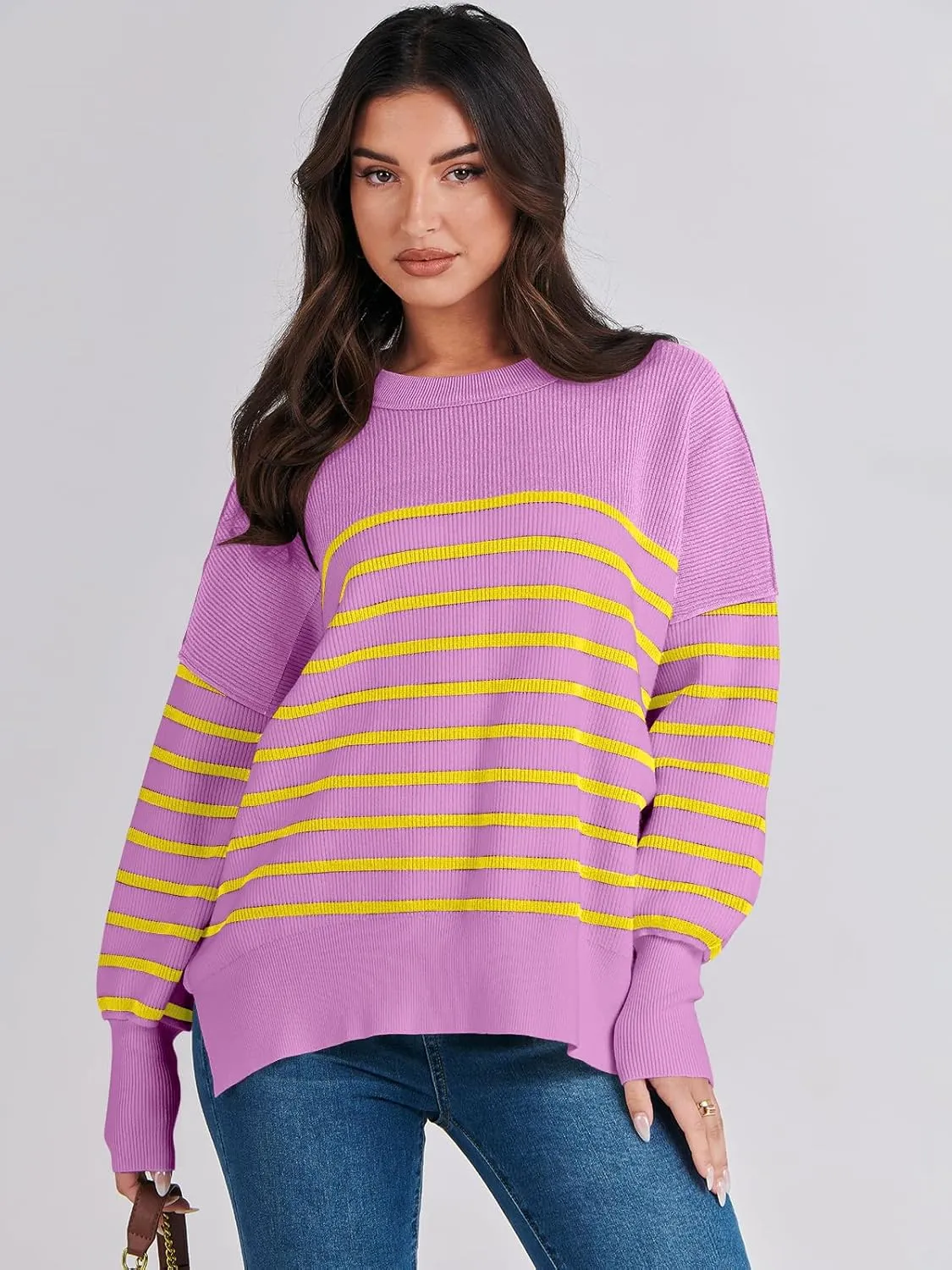 ANRABESS Womens Oversized Sweaters Fall 2024 Fashion Crewneck Batwing Long Sleeve Side Slit Knit Pullover Sweater Tops