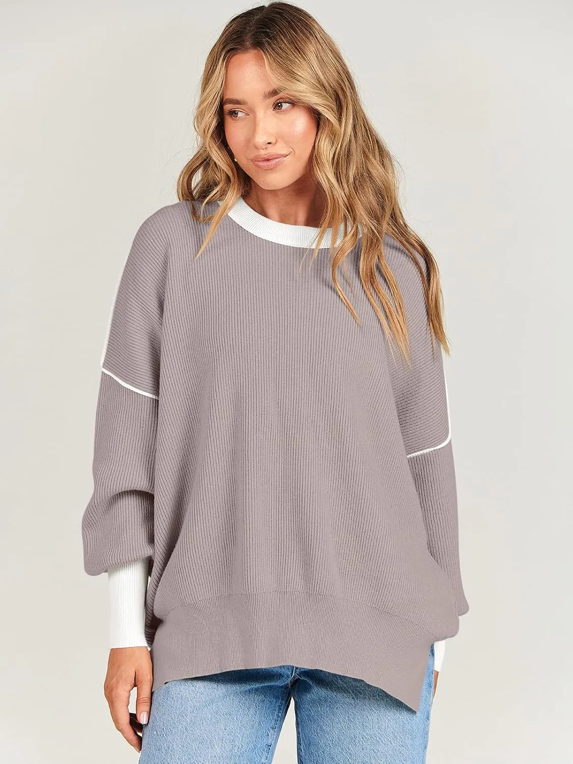 ANRABESS Womens Oversized Sweaters Fall 2024 Fashion Crewneck Batwing Long Sleeve Side Slit Knit Pullover Sweater Tops