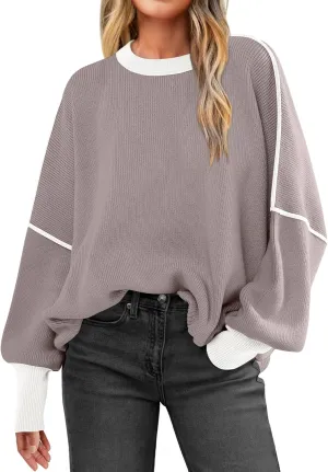 ANRABESS Womens Oversized Sweaters Fall 2024 Fashion Crewneck Batwing Long Sleeve Side Slit Knit Pullover Sweater Tops