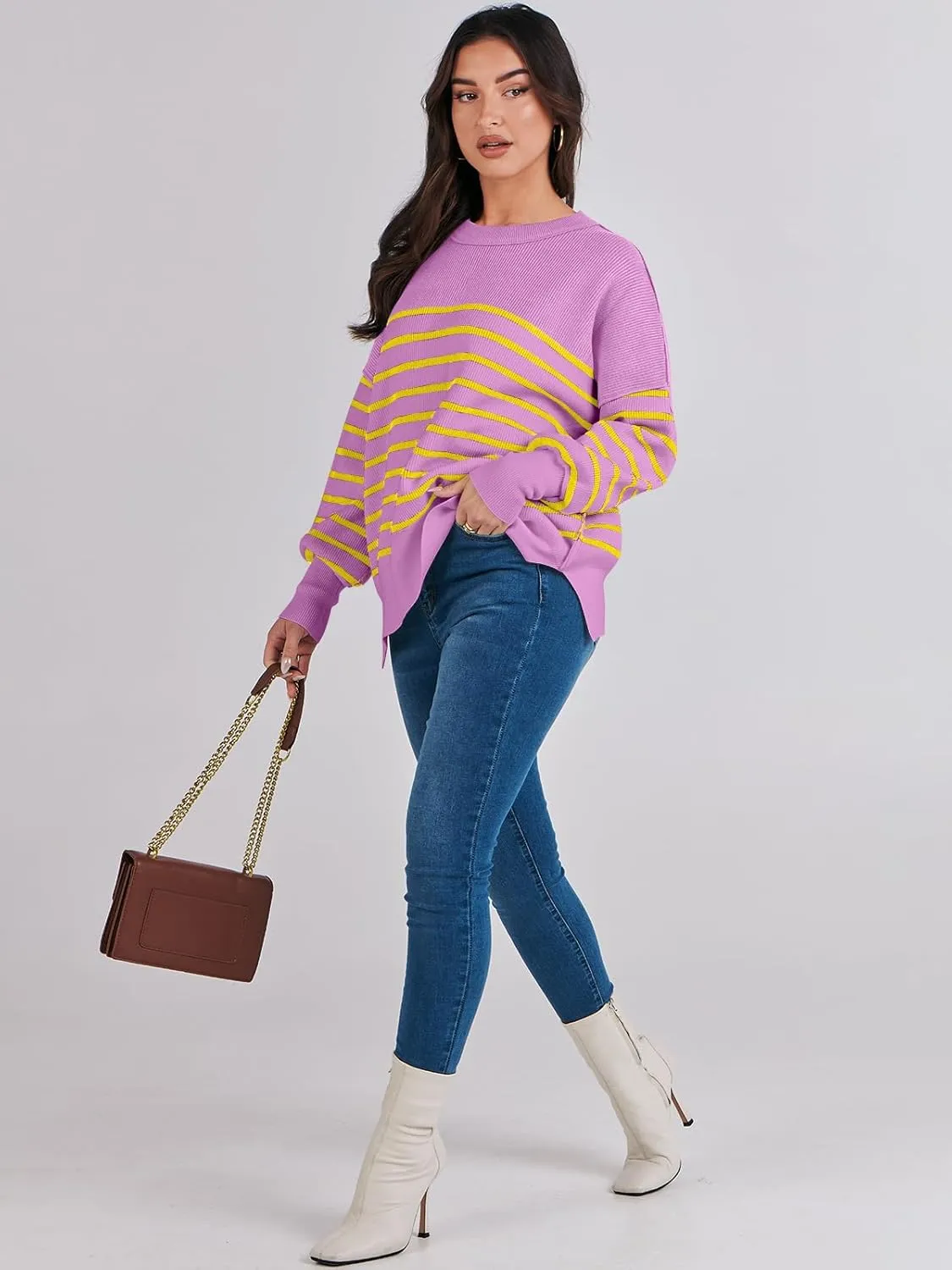 ANRABESS Womens Oversized Sweaters Fall 2024 Fashion Crewneck Batwing Long Sleeve Side Slit Knit Pullover Sweater Tops