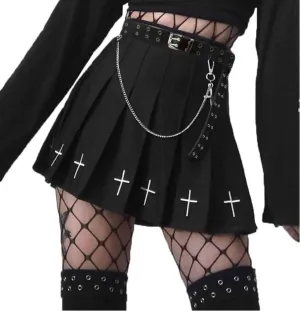 AULKEEP Womens Black Mini Pleated Skirts Goth High Waist A Line Punk Skirt School Uniform Short Skirts with Belt