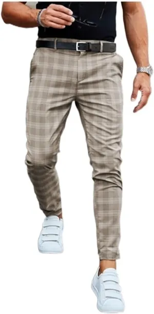 AYGJKIE Men's Chino Trousers Checked Fabric Trousers Slim fit Business Chino Trousers Straight Leg Slim Casual Trousers