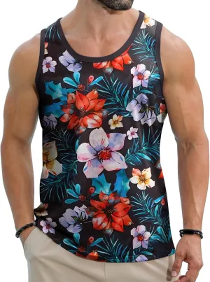 Babioboa Men's Hawaiian Tank Tops Tropical Funky Floral Beach Tops Sleeveless Basic T-Shirt Breathable Aloha Tee Summer
