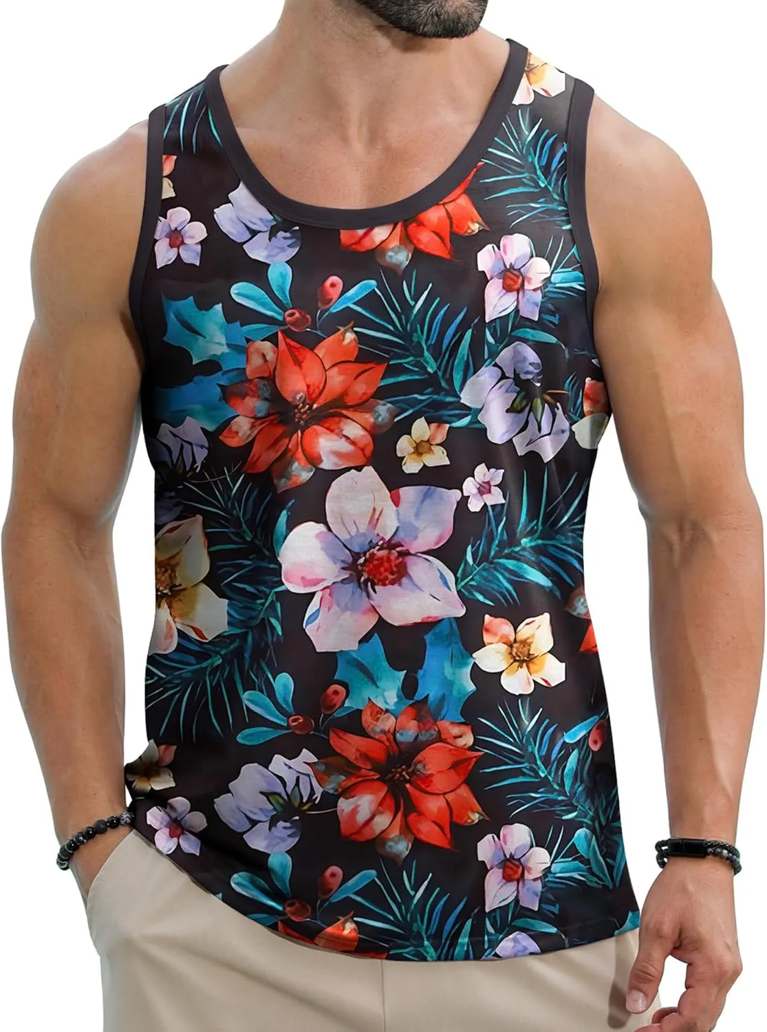 Babioboa Men's Hawaiian Tank Tops Tropical Funky Floral Beach Tops Sleeveless Basic T-Shirt Breathable Aloha Tee Summer