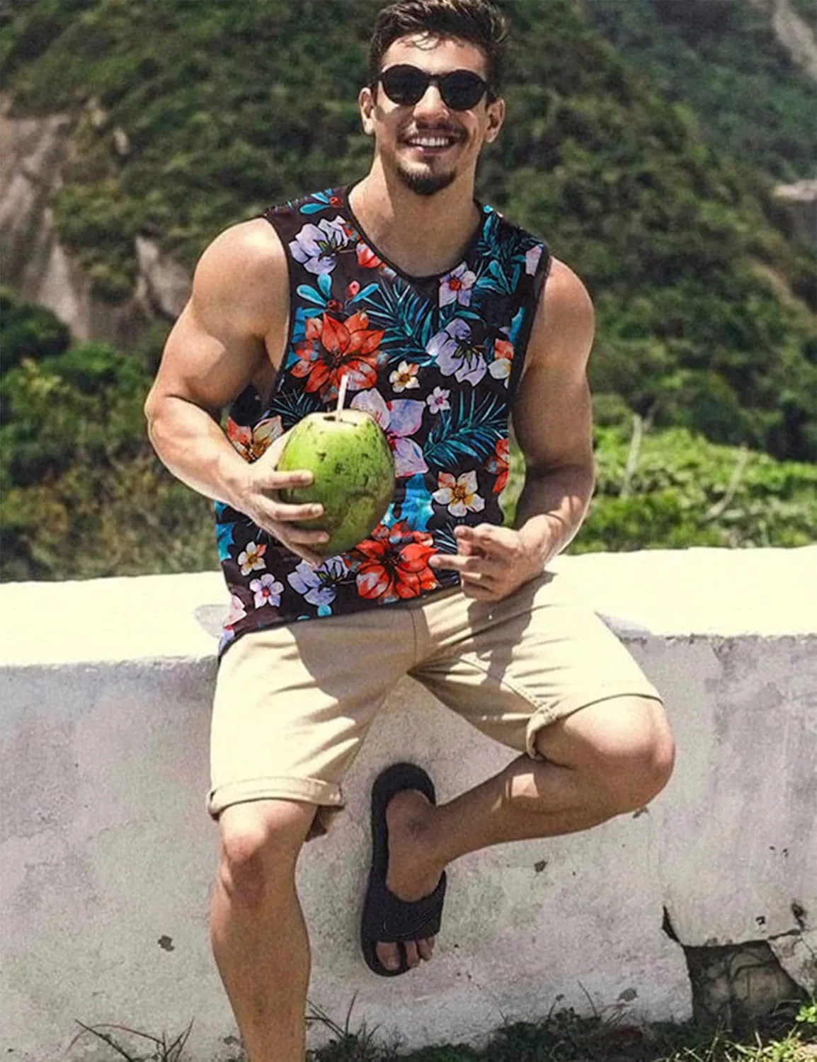 Babioboa Men's Hawaiian Tank Tops Tropical Funky Floral Beach Tops Sleeveless Basic T-Shirt Breathable Aloha Tee Summer