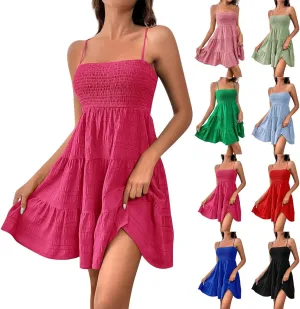 Babydoll Dress for Women Casual Summer Smocked Cami Square Neck Mini Sundress Vacation Tiered Ruffle Beach Dress