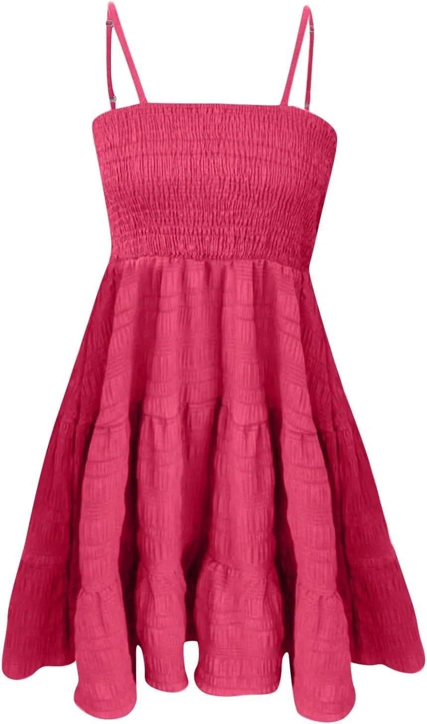 Babydoll Dress for Women Casual Summer Smocked Cami Square Neck Mini Sundress Vacation Tiered Ruffle Beach Dress