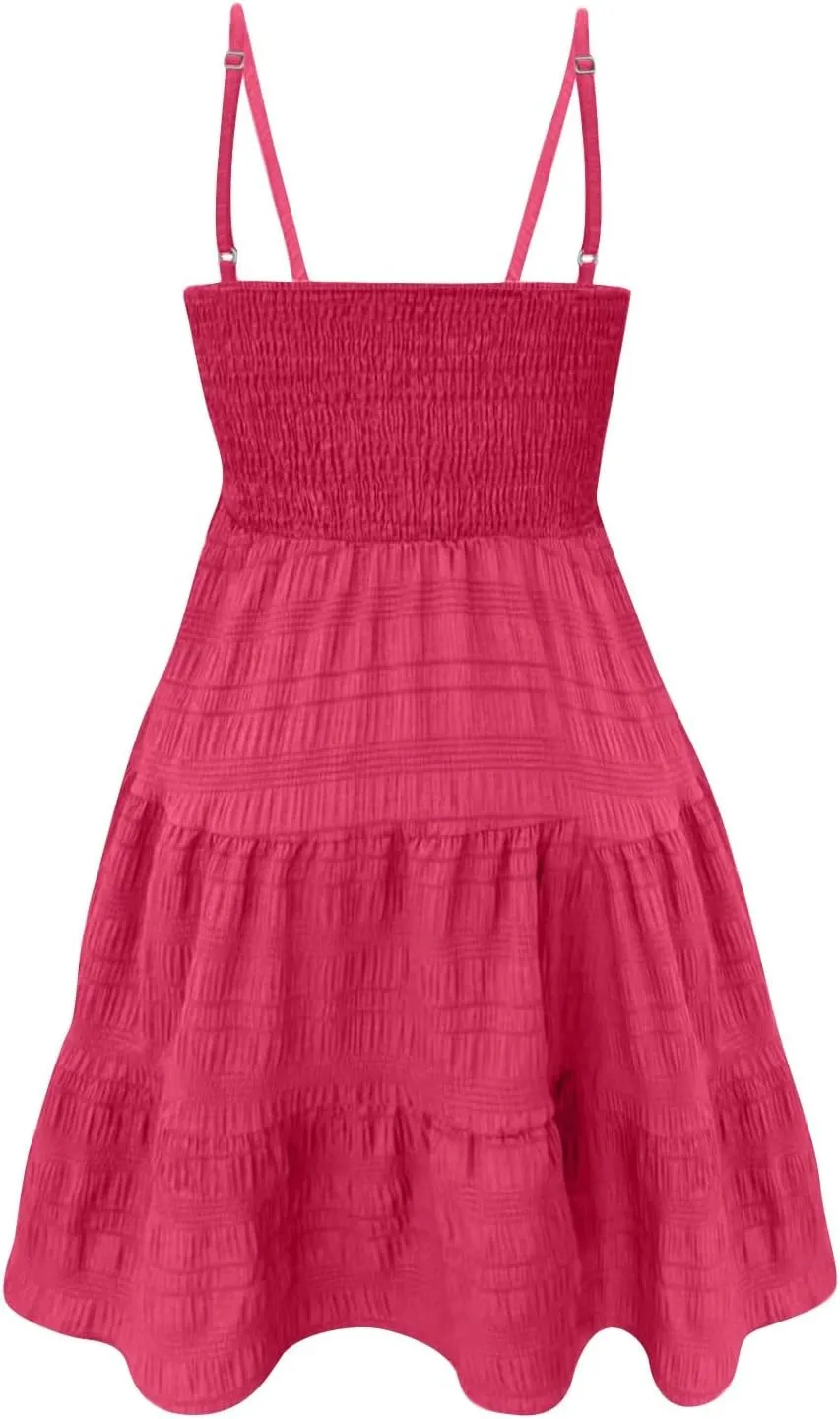 Babydoll Dress for Women Casual Summer Smocked Cami Square Neck Mini Sundress Vacation Tiered Ruffle Beach Dress