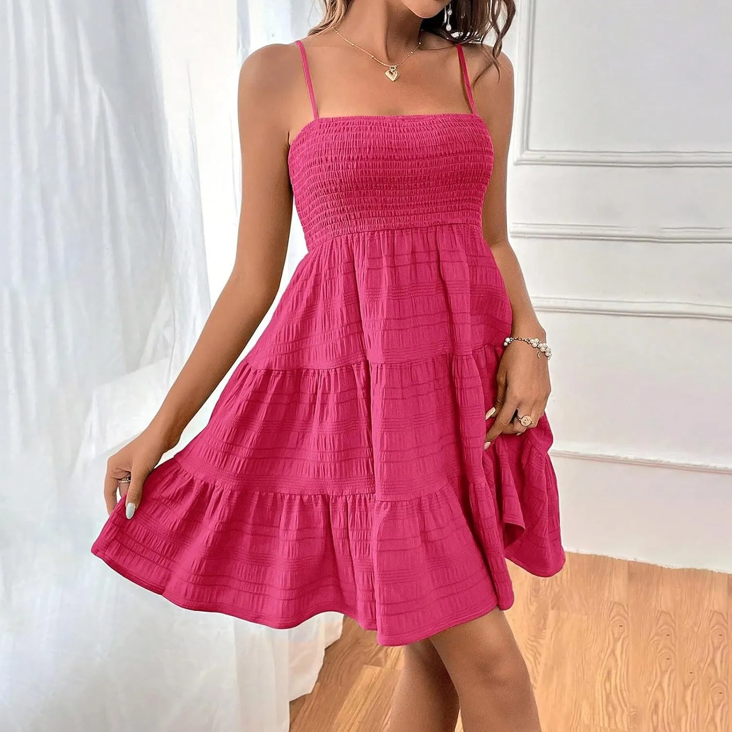 Babydoll Dress for Women Casual Summer Smocked Cami Square Neck Mini Sundress Vacation Tiered Ruffle Beach Dress
