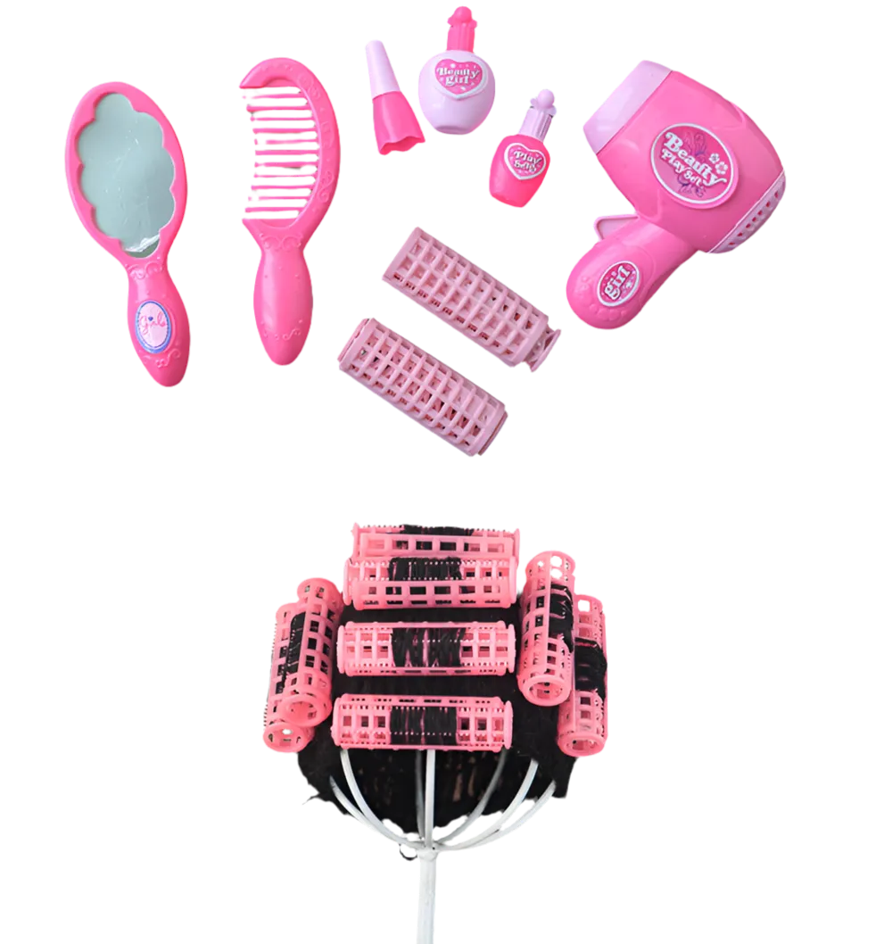 Babymoon | Set of 9 | Baby Hair Curler Wig with Hair Dressing & Make up Kit | Baby Photoshoot Props | Pink