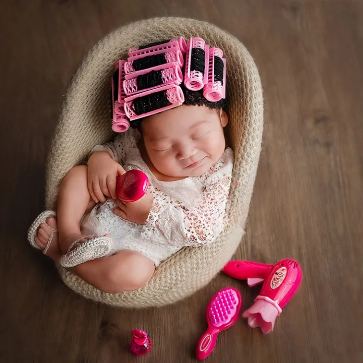 Babymoon | Set of 9 | Baby Hair Curler Wig with Hair Dressing & Make up Kit | Baby Photoshoot Props | Pink