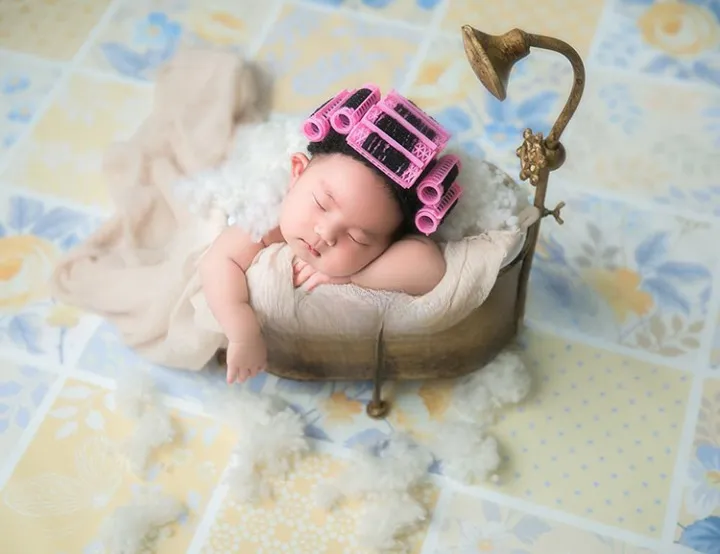 Babymoon | Set of 9 | Baby Hair Curler Wig with Hair Dressing & Make up Kit | Baby Photoshoot Props | Pink