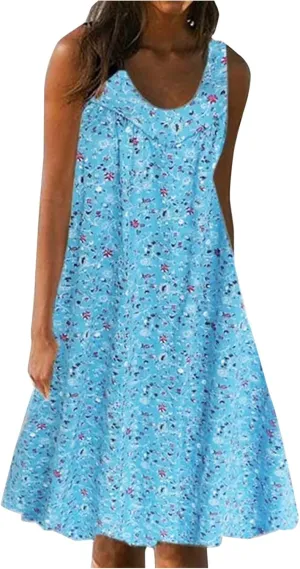 Beach Dresses for Women 2024 Vacation Sleeveless Crewneck Ruffle Flowy Midi Dress Vintage Bohemian Sundress Going Out