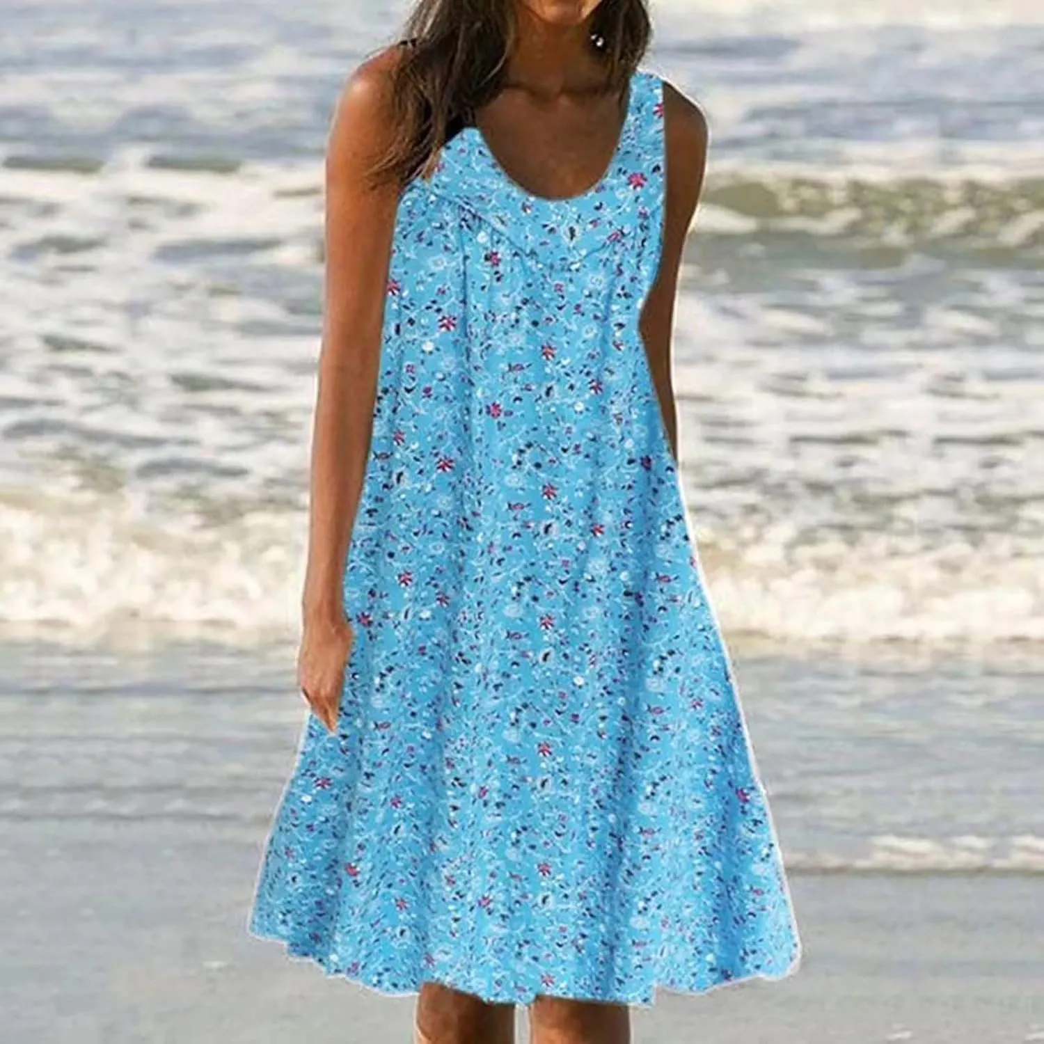 Beach Dresses for Women 2024 Vacation Sleeveless Crewneck Ruffle Flowy Midi Dress Vintage Bohemian Sundress Going Out