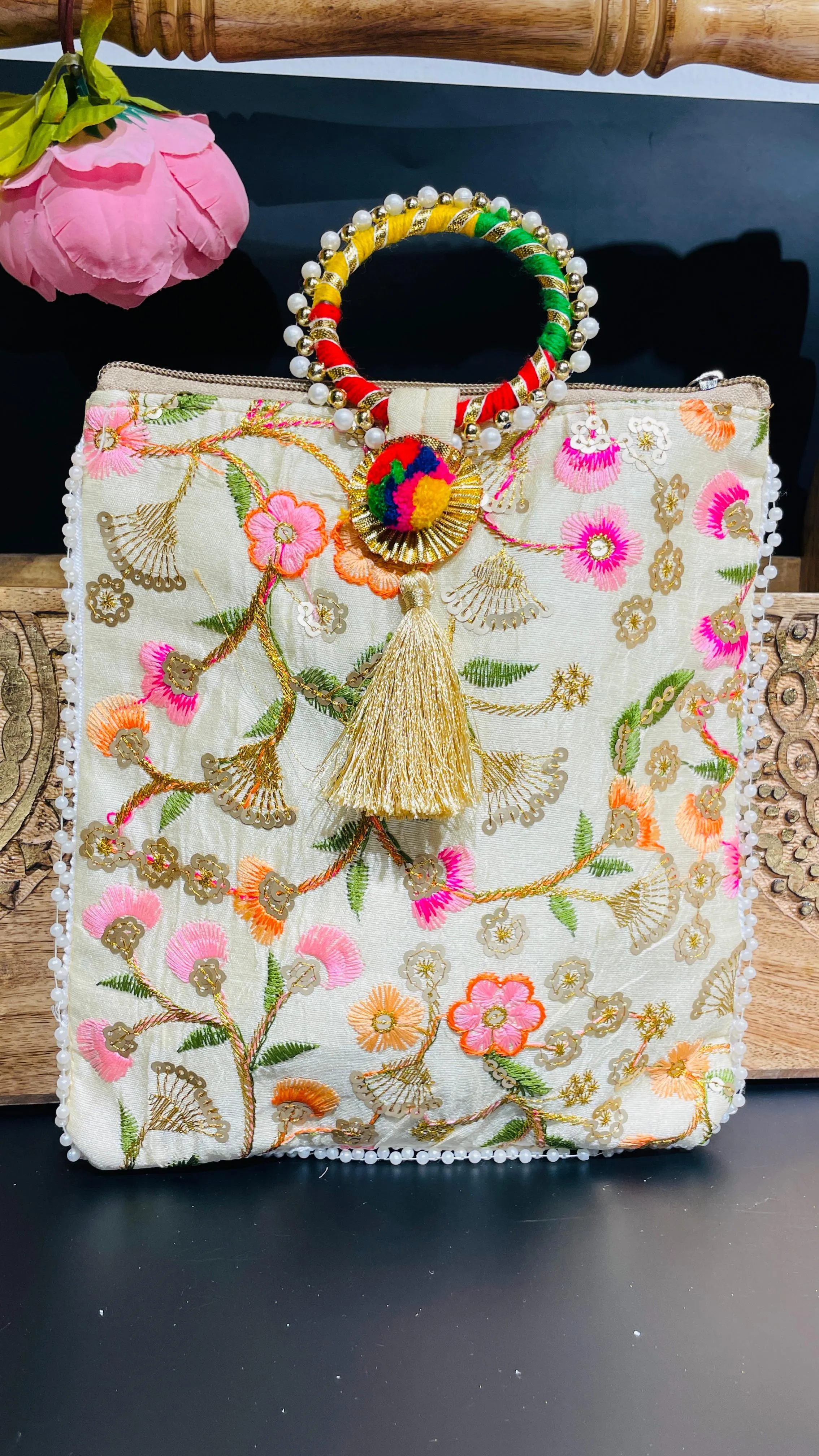 Beige Festive Potli Drawstring Bag