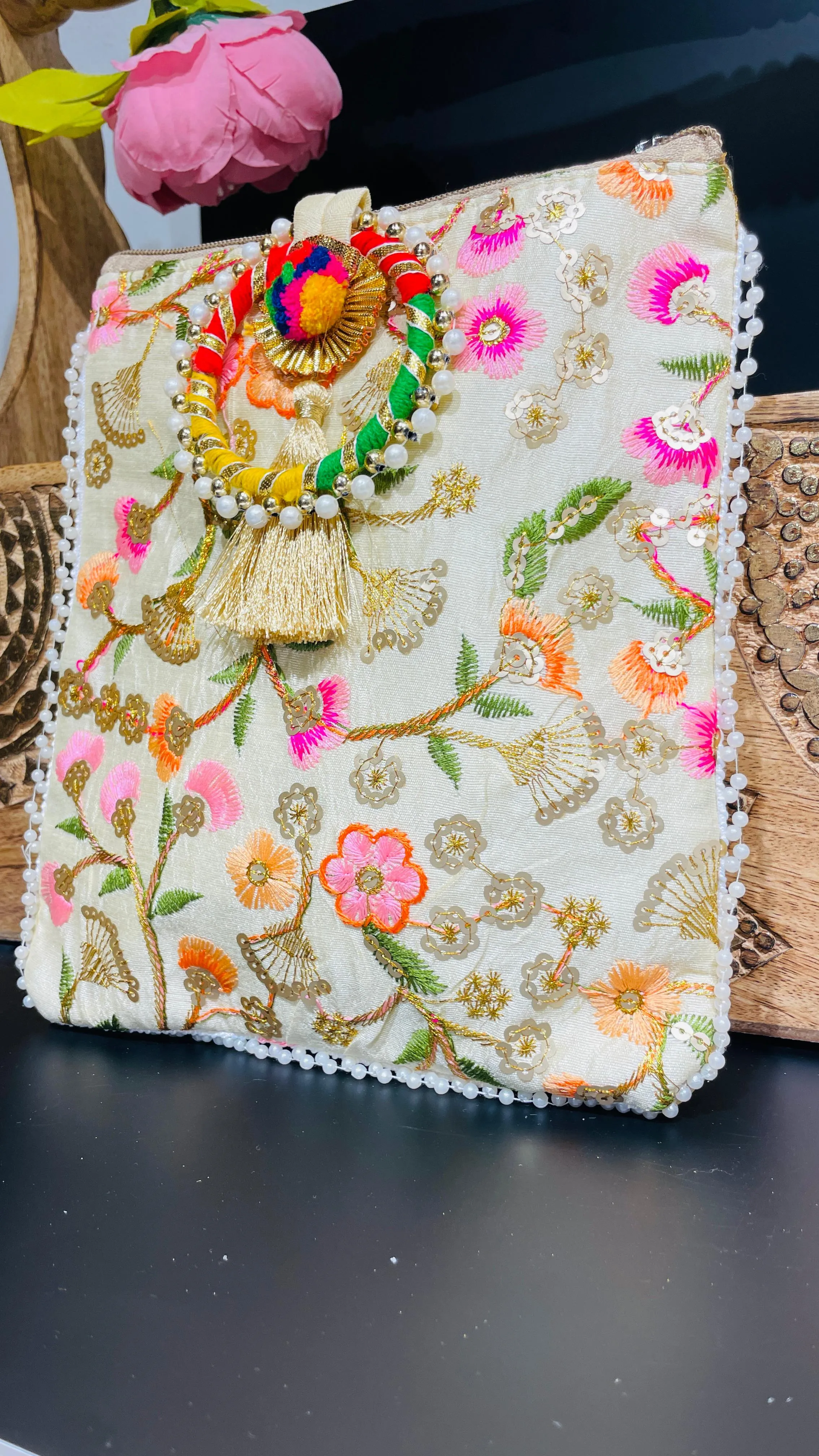 Beige Festive Potli Drawstring Bag