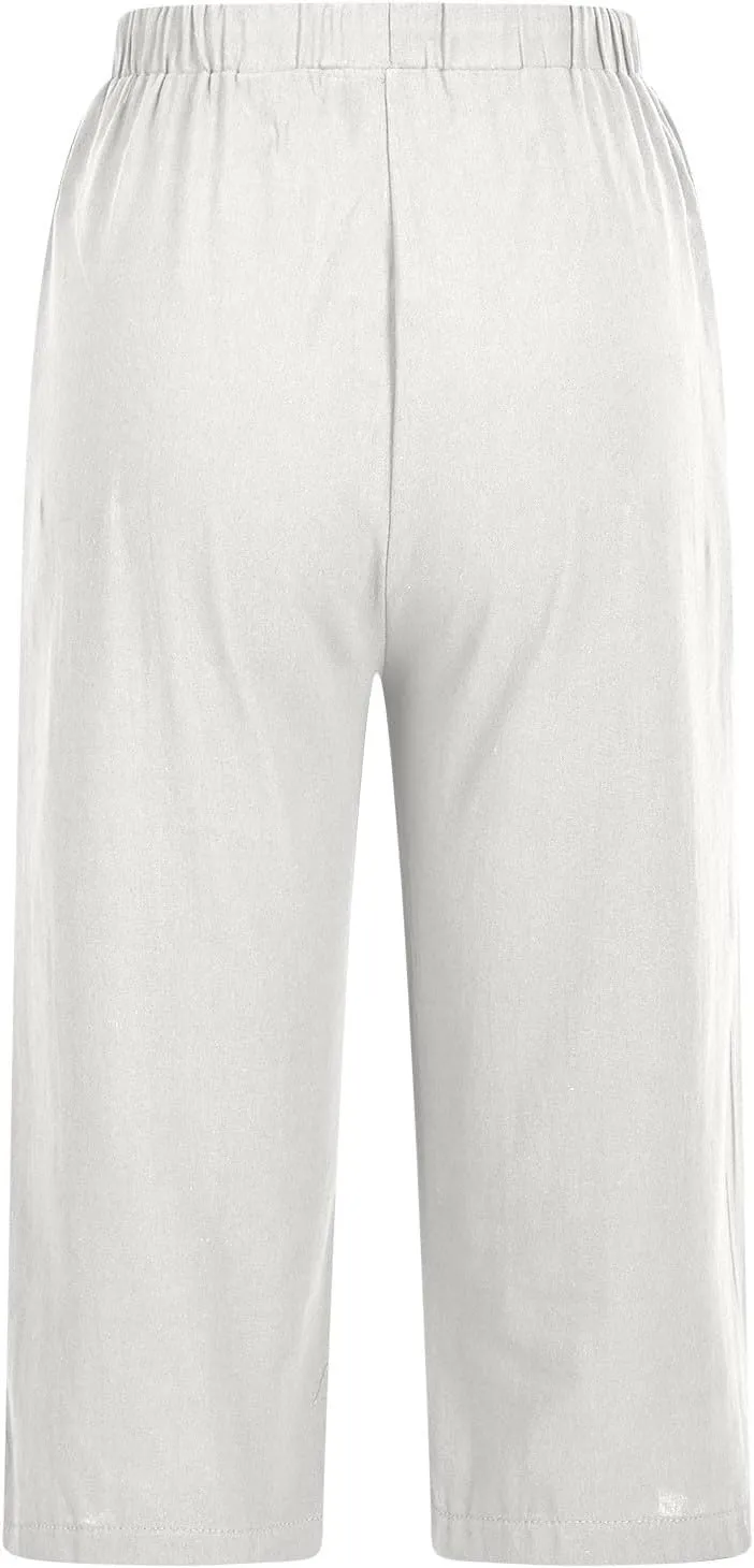 Below Knee Capris for Women Cotton Linen Cropped Pants Summer Casual Elastic High Waisted Harem Trousers with Pockets
