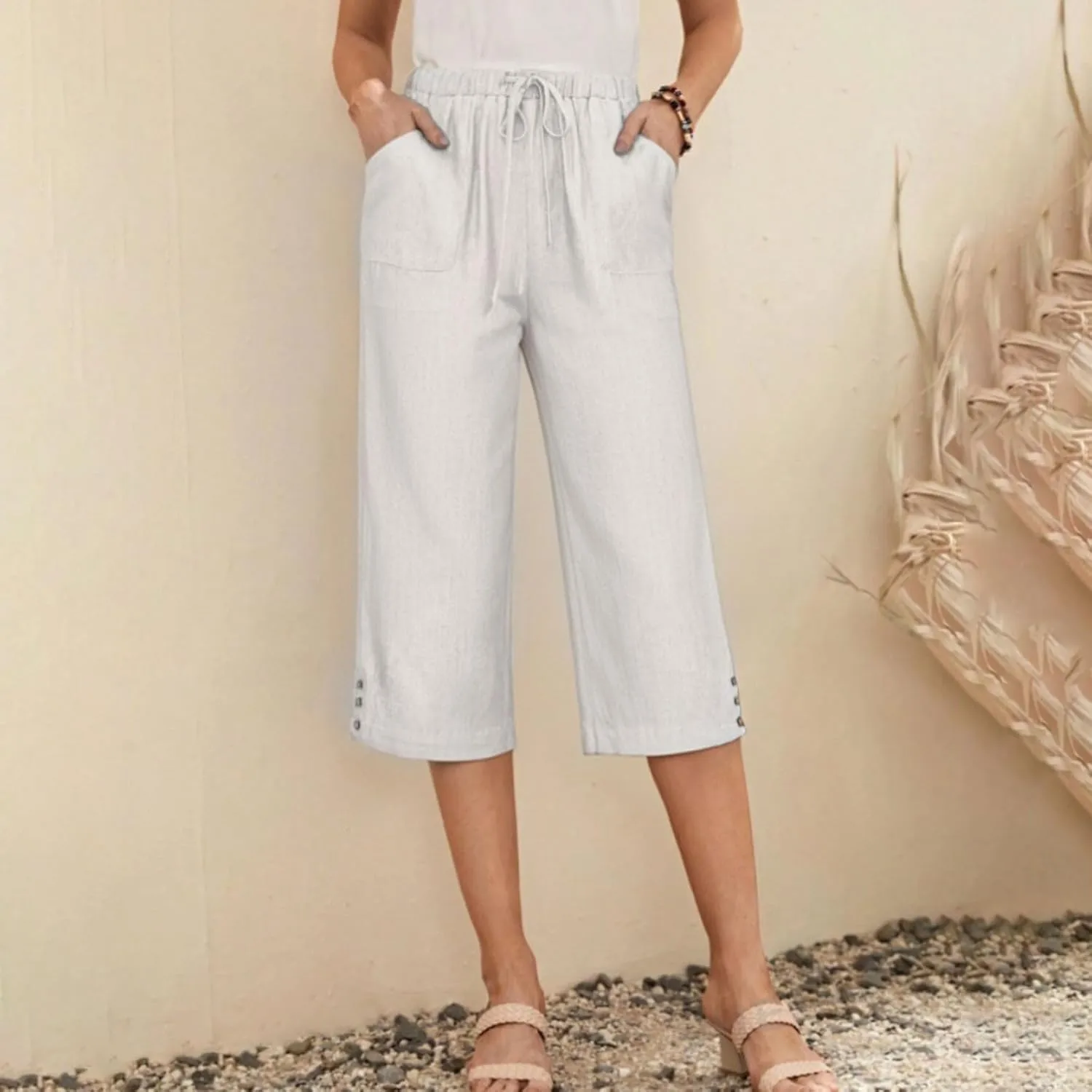 Below Knee Capris for Women Cotton Linen Cropped Pants Summer Casual Elastic High Waisted Harem Trousers with Pockets