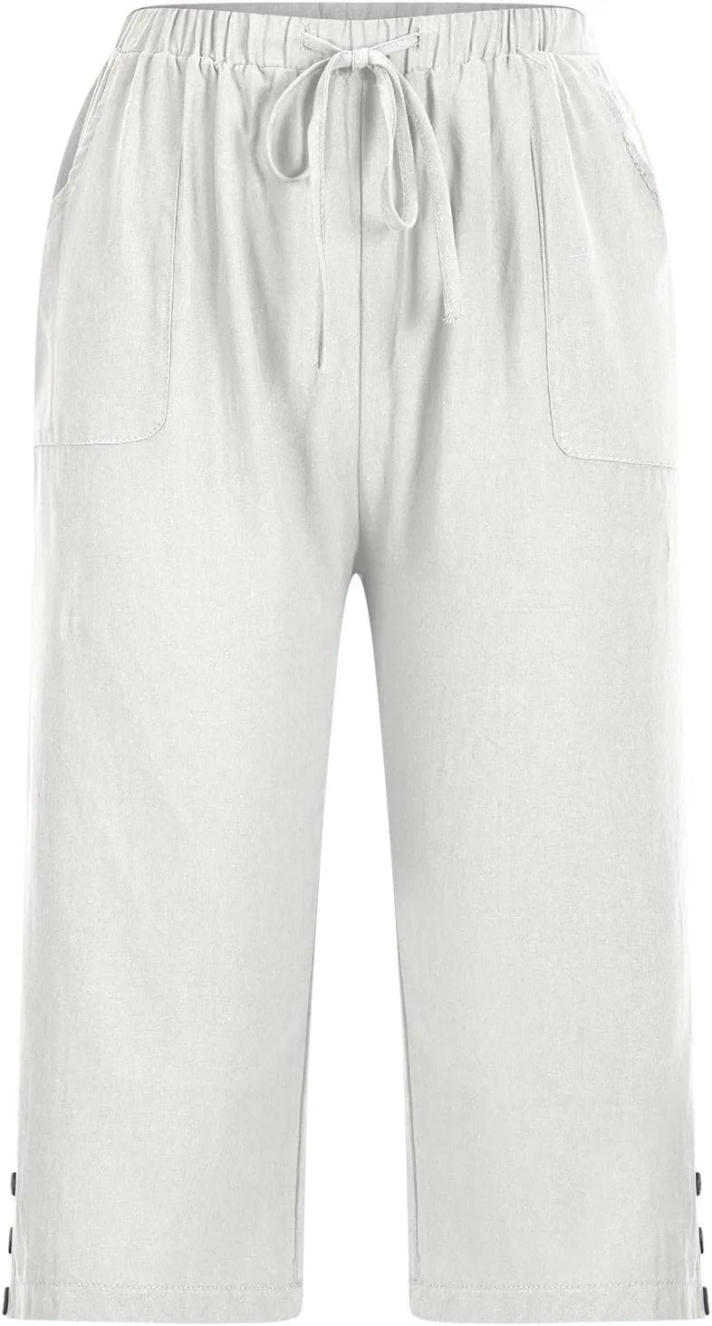 Below Knee Capris for Women Cotton Linen Cropped Pants Summer Casual Elastic High Waisted Harem Trousers with Pockets