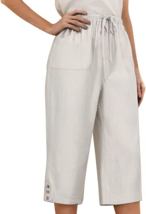 Below Knee Capris for Women Cotton Linen Cropped Pants Summer Casual Elastic High Waisted Harem Trousers with Pockets