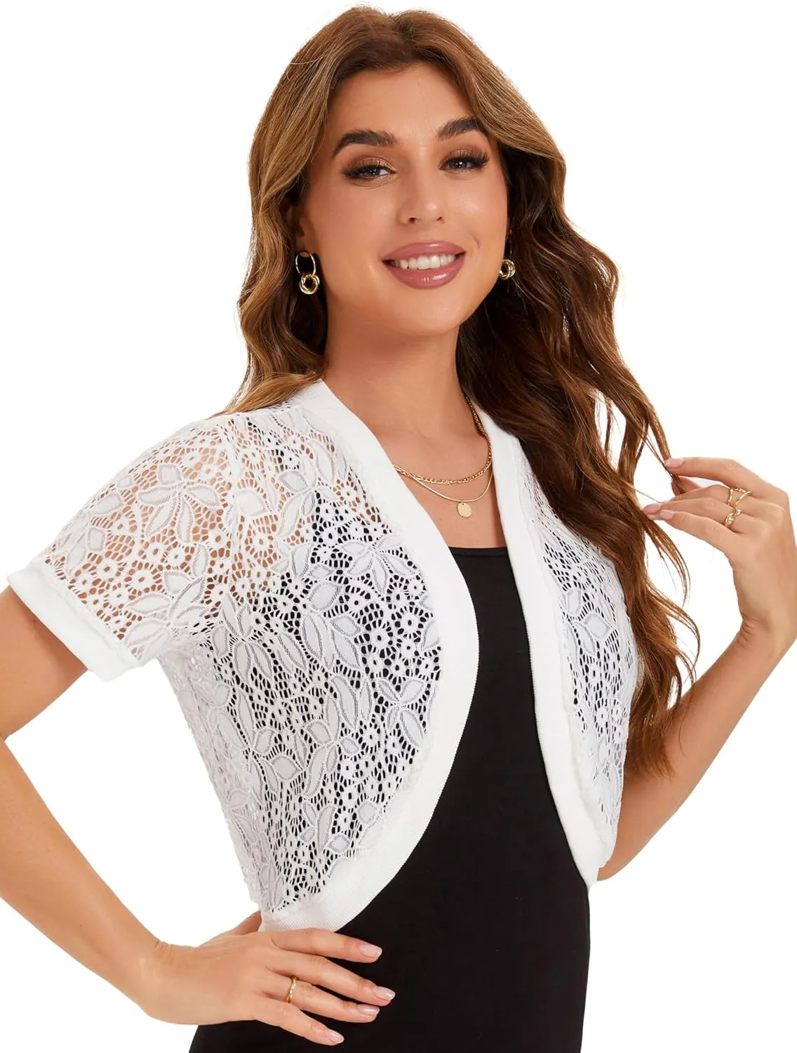 BENANCY Women's Short Sleeve Floral Lace Cardigans Open Front Bolero Shrugs
