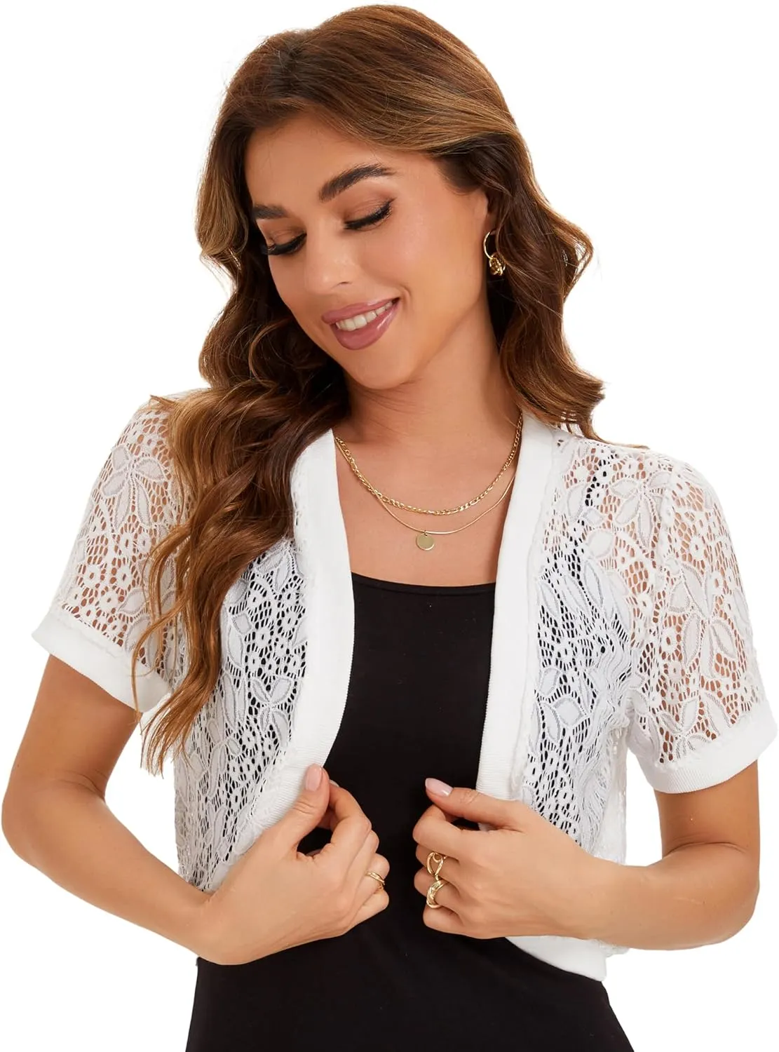 BENANCY Women's Short Sleeve Floral Lace Cardigans Open Front Bolero Shrugs