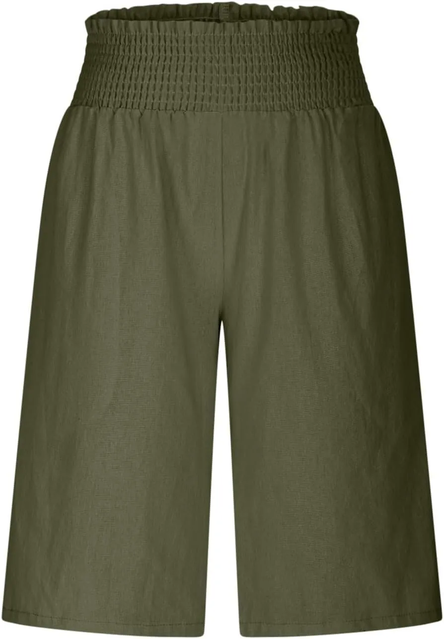 Bermuda Linen Shorts for Women Summer Wide Leg Knee Length High Waisted Shorts Casual Workout Long Short with Pockets