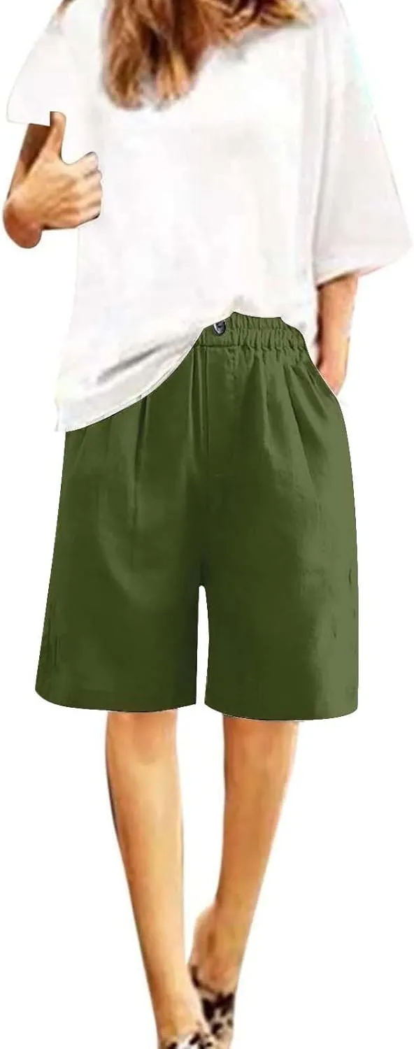 Bermuda Linen Shorts for Women Summer Wide Leg Knee Length High Waisted Shorts Casual Workout Long Short with Pockets